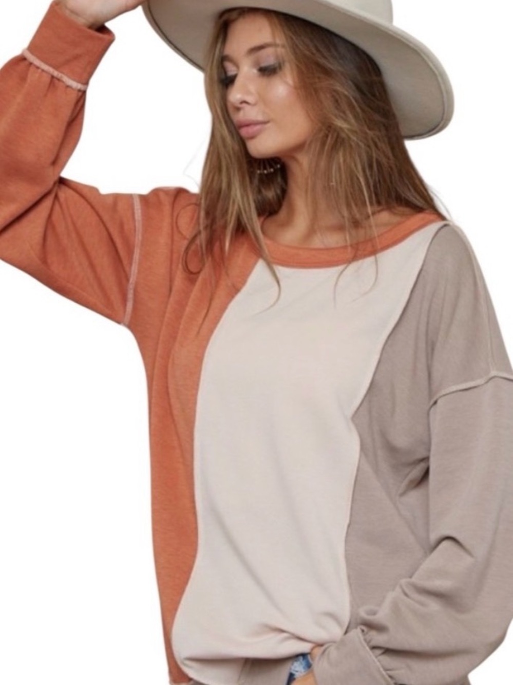 BiBi Rust, Cream & Taupe Long Sleeve Oversized Colorblock Pullover